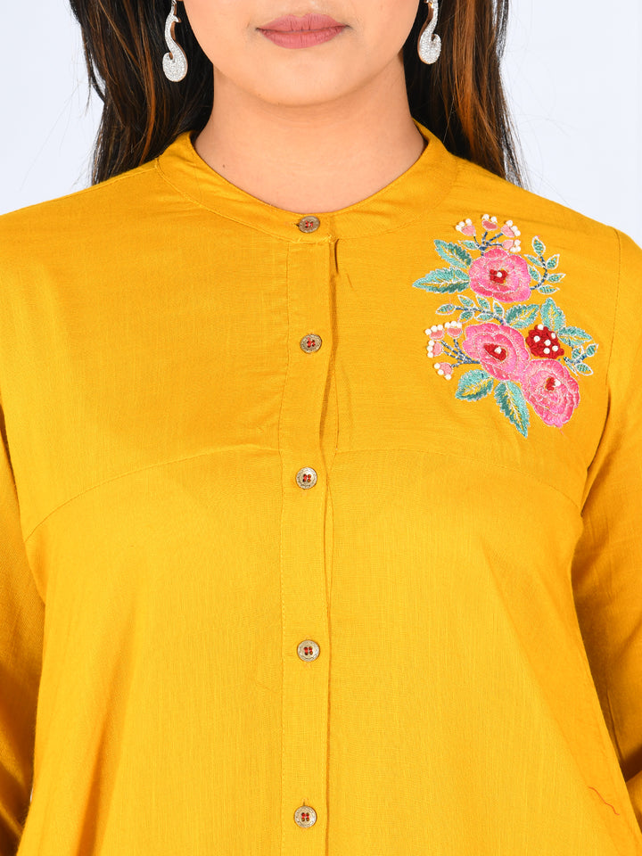 Neerus Yellow Embroidered High Low Kurta