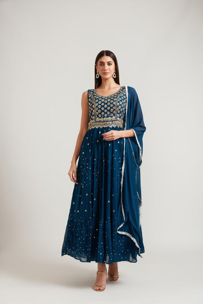 Neeru's Peacock Color Georgette Fabric Anarkali Suit