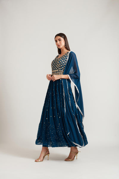 Neeru's Peacock Color Georgette Fabric Anarkali Suit