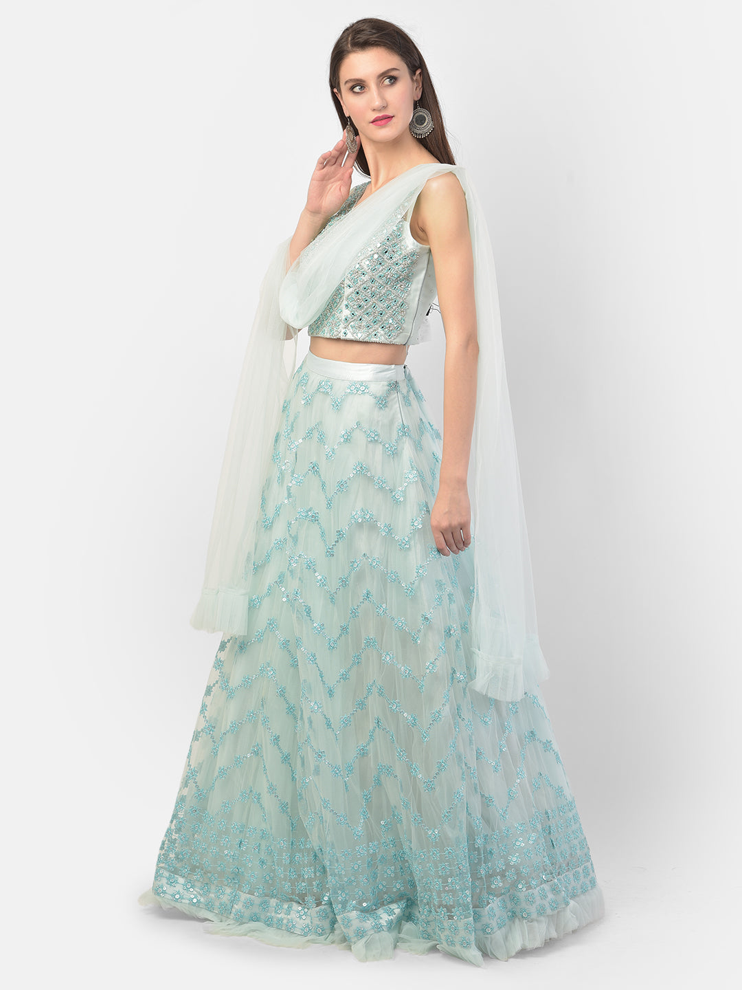 Neerus Blue net embellished lehenga set - front view