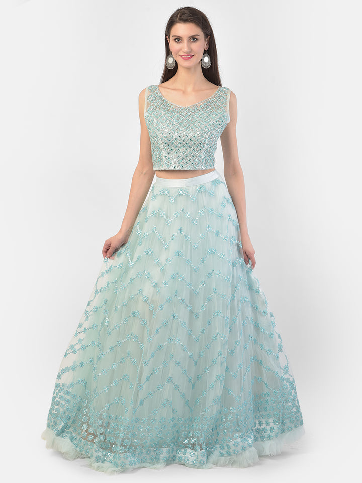 Neerus Blue net embellished lehenga set - detail view 4