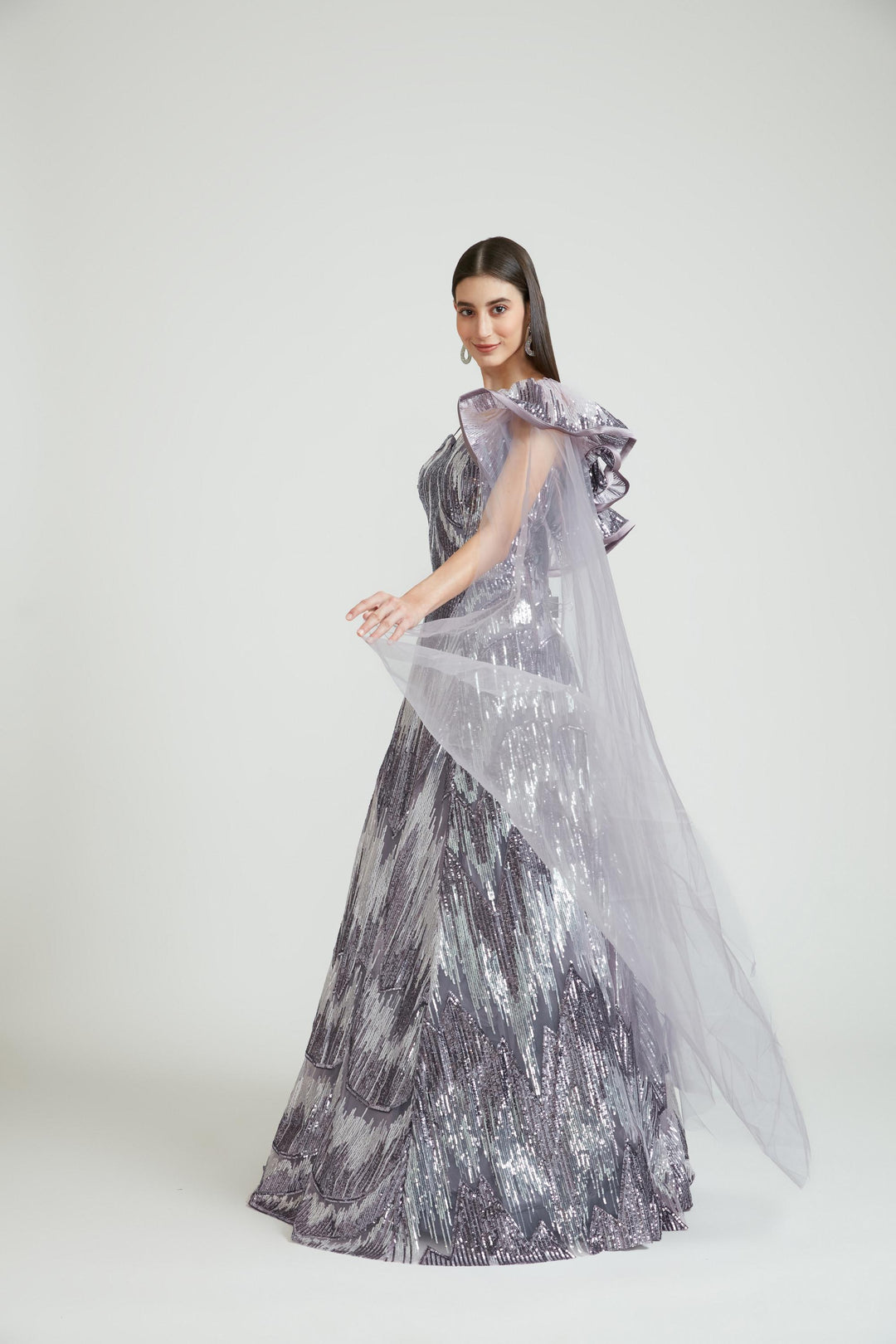 Neerus Purple net embroidered gown - front view