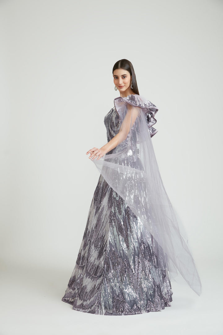 Neerus Purple net embroidered gown - front view