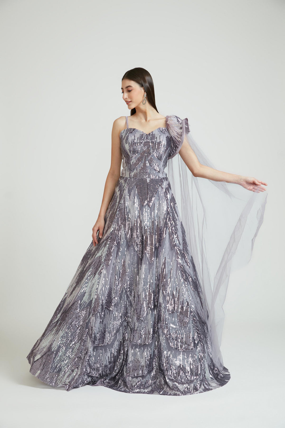 Neerus Purple net embroidered gown - back view