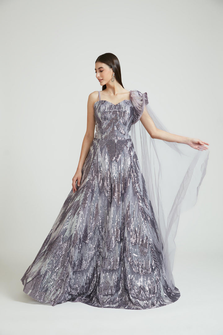 Neerus Purple net embroidered gown - back view