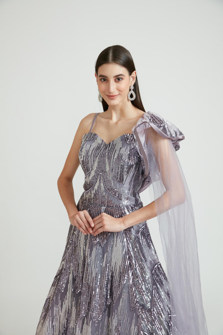 Neerus Purple net embroidered gown - side view