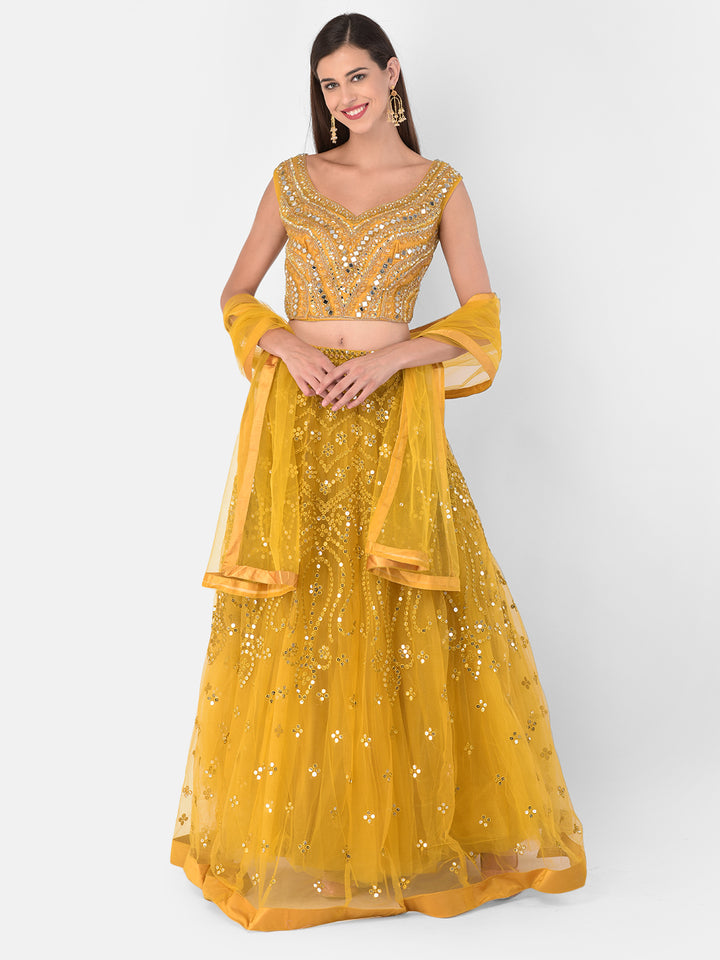 Neerus Yellow net embellished lehenga set - detail view 5