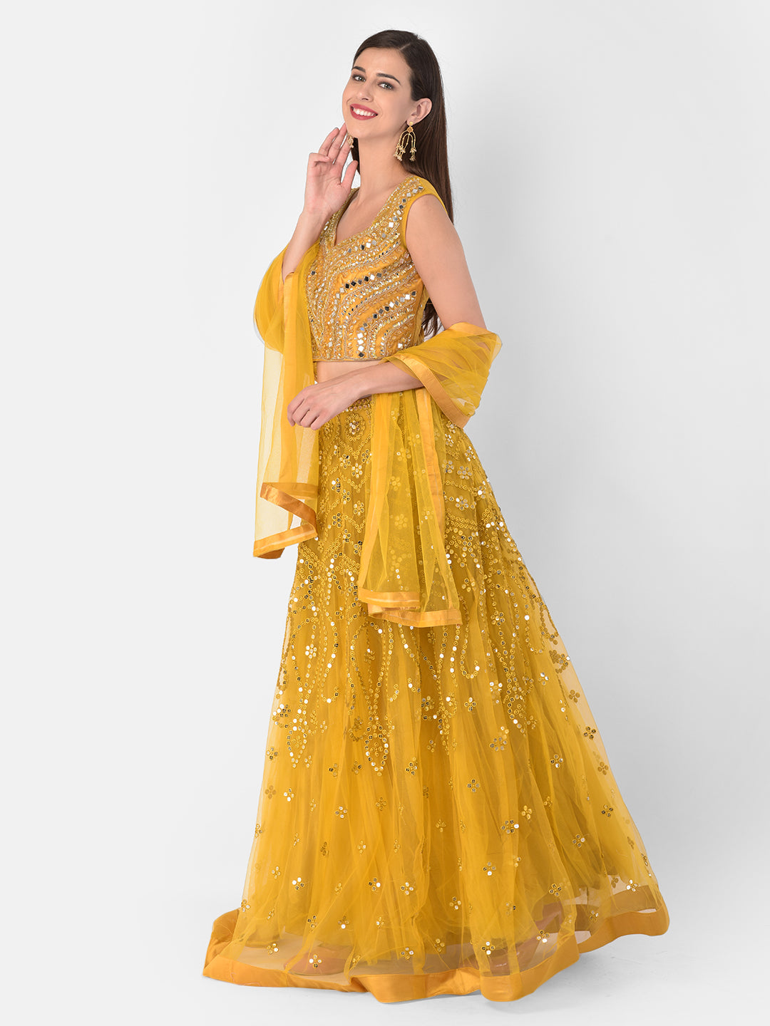 Neerus Yellow net embellished lehenga set - front view