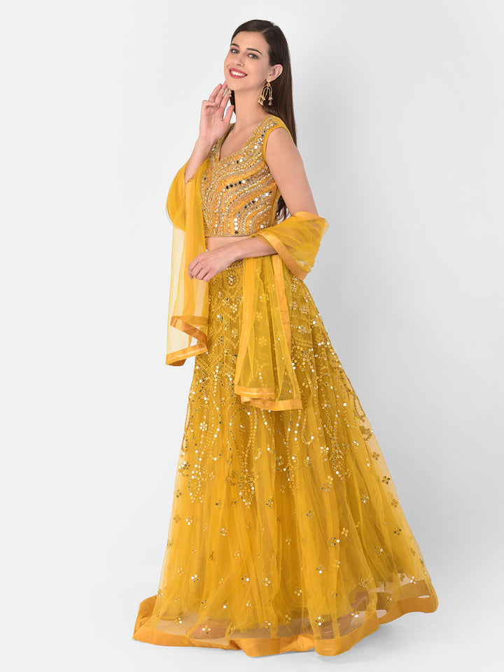 Neerus Yellow net embellished lehenga set - front view
