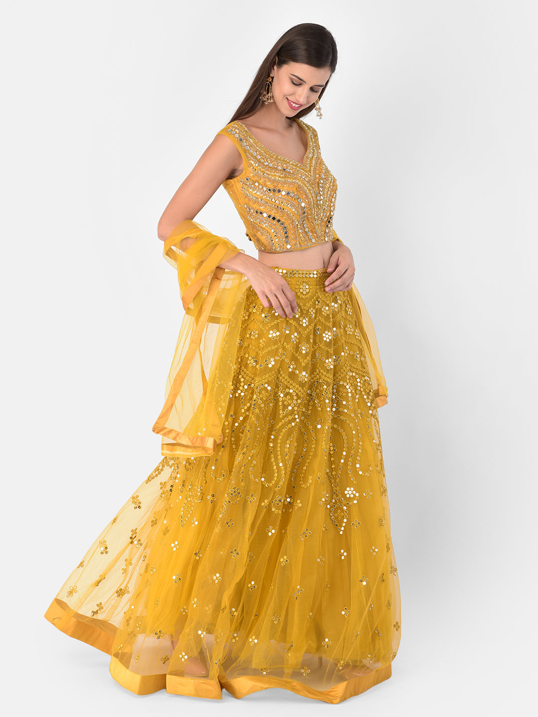 Neerus Yellow net embellished lehenga set - back view
