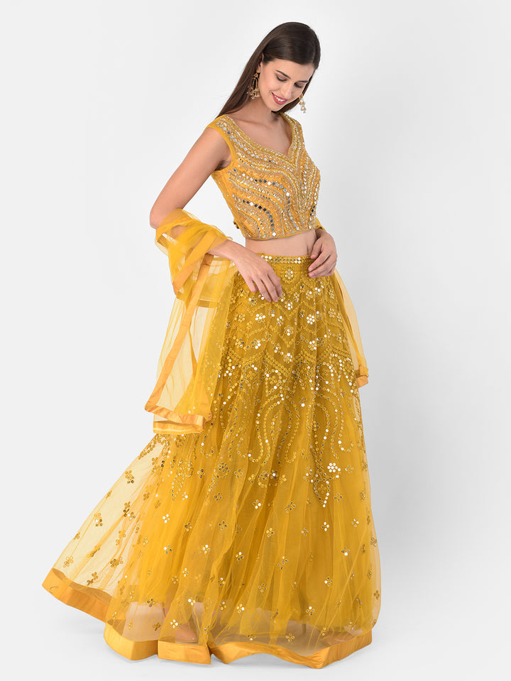 Neerus Yellow net embellished lehenga set - back view