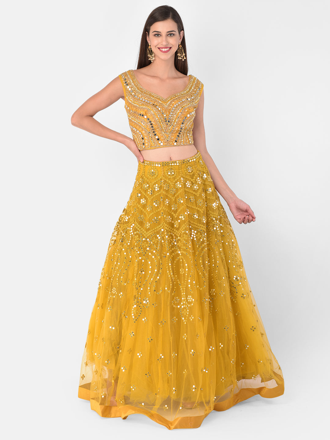 Neerus Yellow net embellished lehenga set - detail view 4