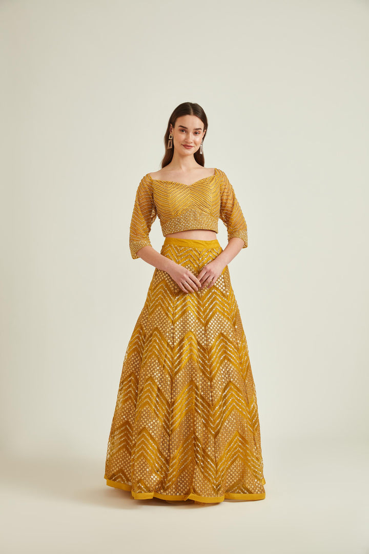 Neerus Yellow net embellished lehenga set - detail view 1