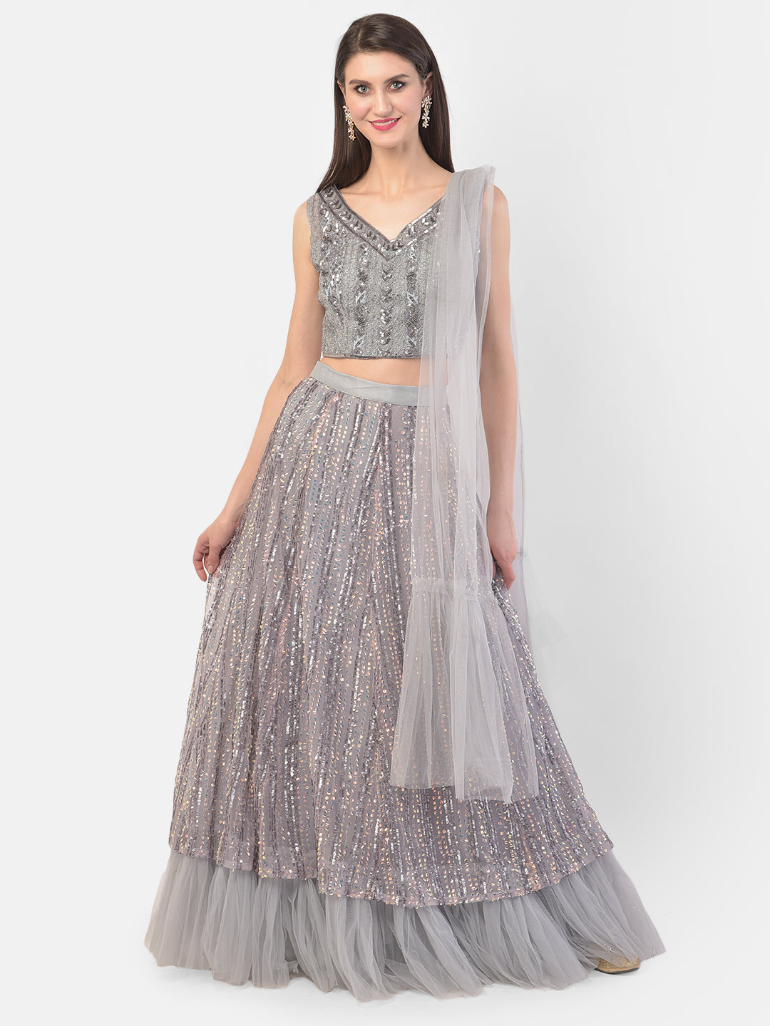 Neerus Grey net embellished lehenga set - detail view 5