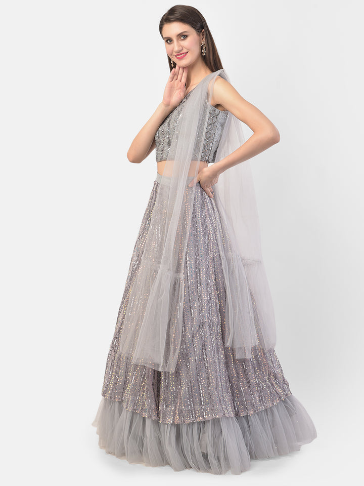 Neerus Grey net embellished lehenga set - front view