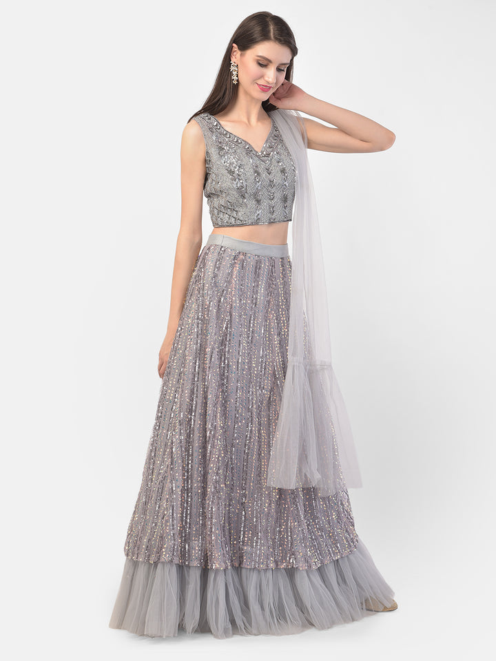 Neerus Grey net embellished lehenga set - back view