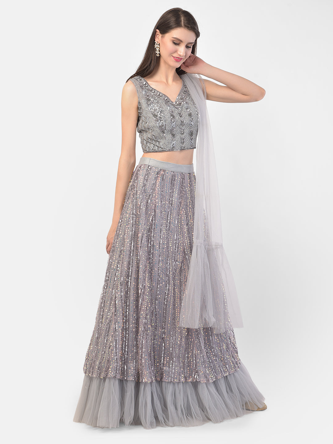Neeru'S Grey Color, Nett Fabric Ghagra Set