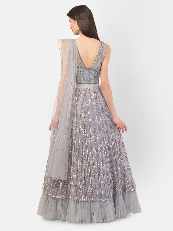 Neerus Grey net embellished lehenga set - side view