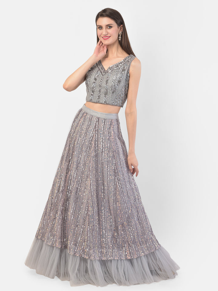 Neerus Grey net embellished lehenga set - detail view 2