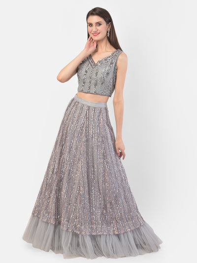 Neeru'S Grey Color, Nett Fabric Ghagra Set
