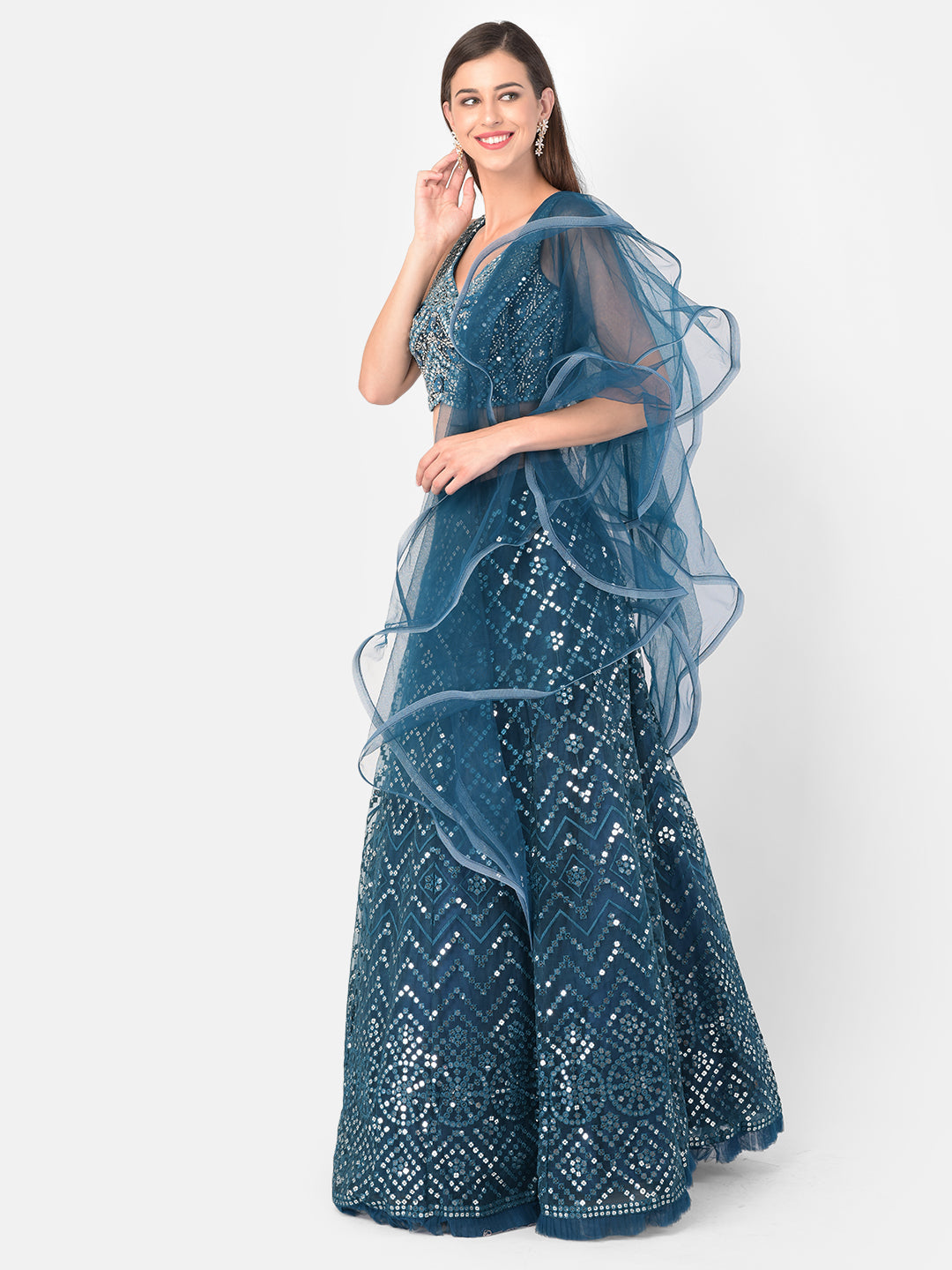 Neeru'S Peacock Color, Nett Fabric Ghagra Set