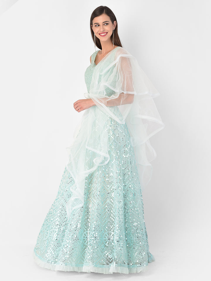 Neerus Blue net embellished lehenga set - front view