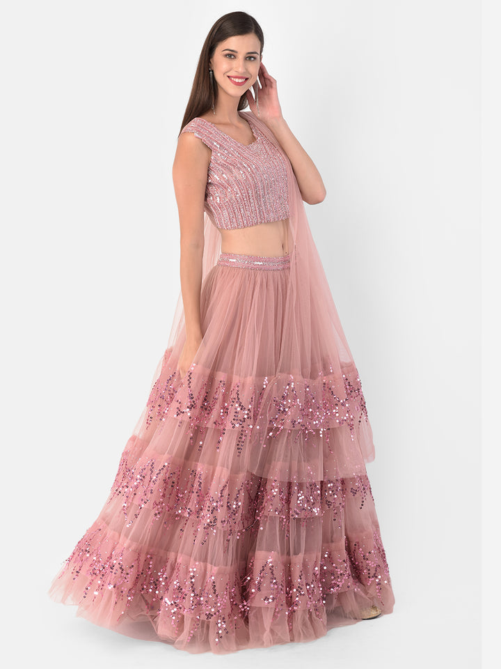 Neerus Pink net embellished lehenga set - front view