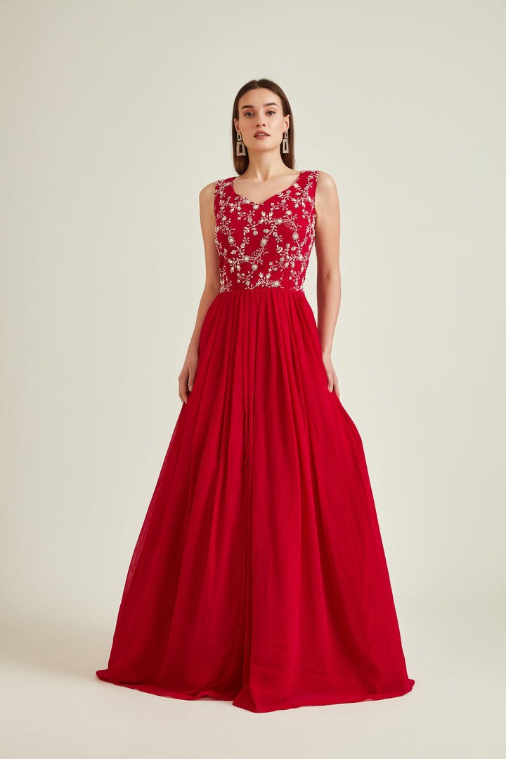 Neerus Pink georgette embellished gown - side view