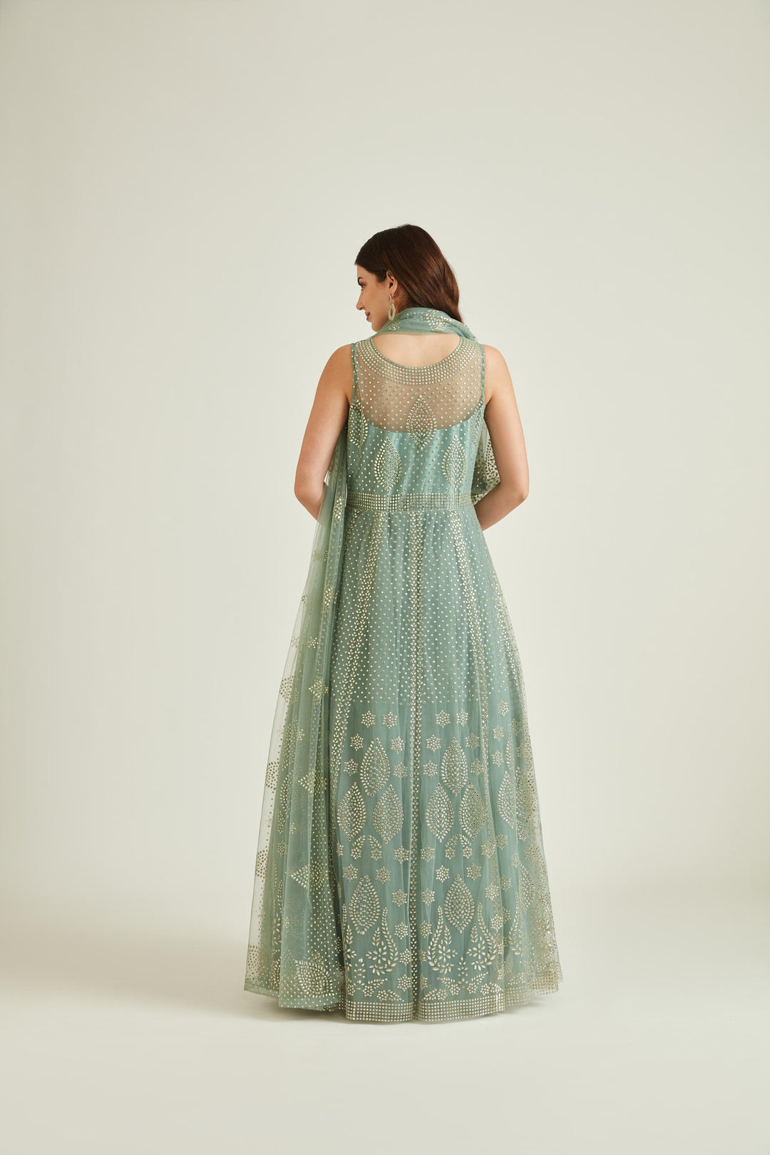 Neerus Blue net mirror work gown - back view