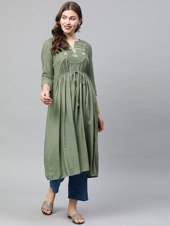 Neerus Green rayon embroidered A-line kurti - front view