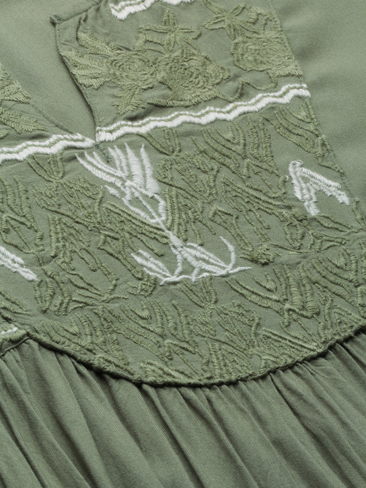Neerus Green rayon embroidered A-line kurti - back view