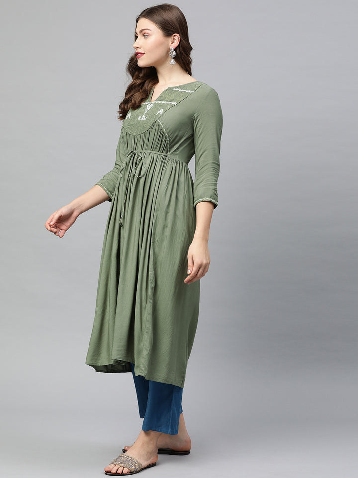 Neerus Green rayon embroidered A-line kurti - side view