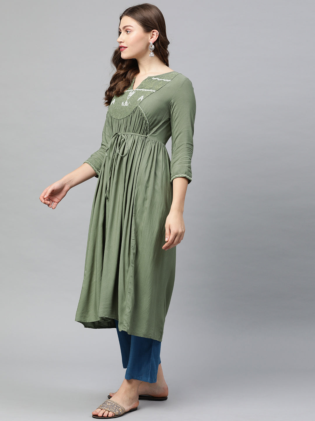 Neerus Women Green Embroidered A-Line Kurta With Tie-Up Detail  Gatherers