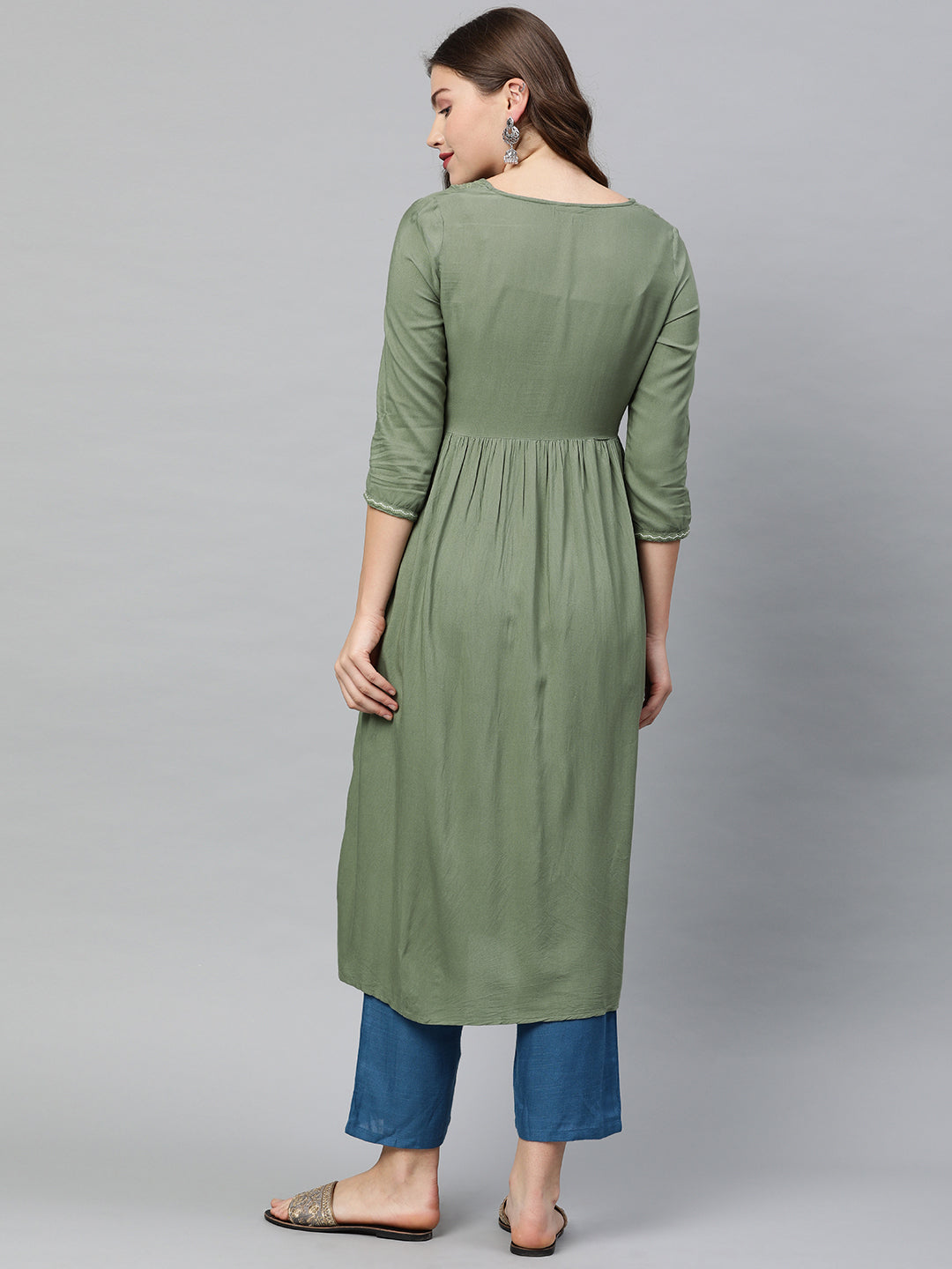Neerus Green rayon embroidered A-line kurti - detail view 1
