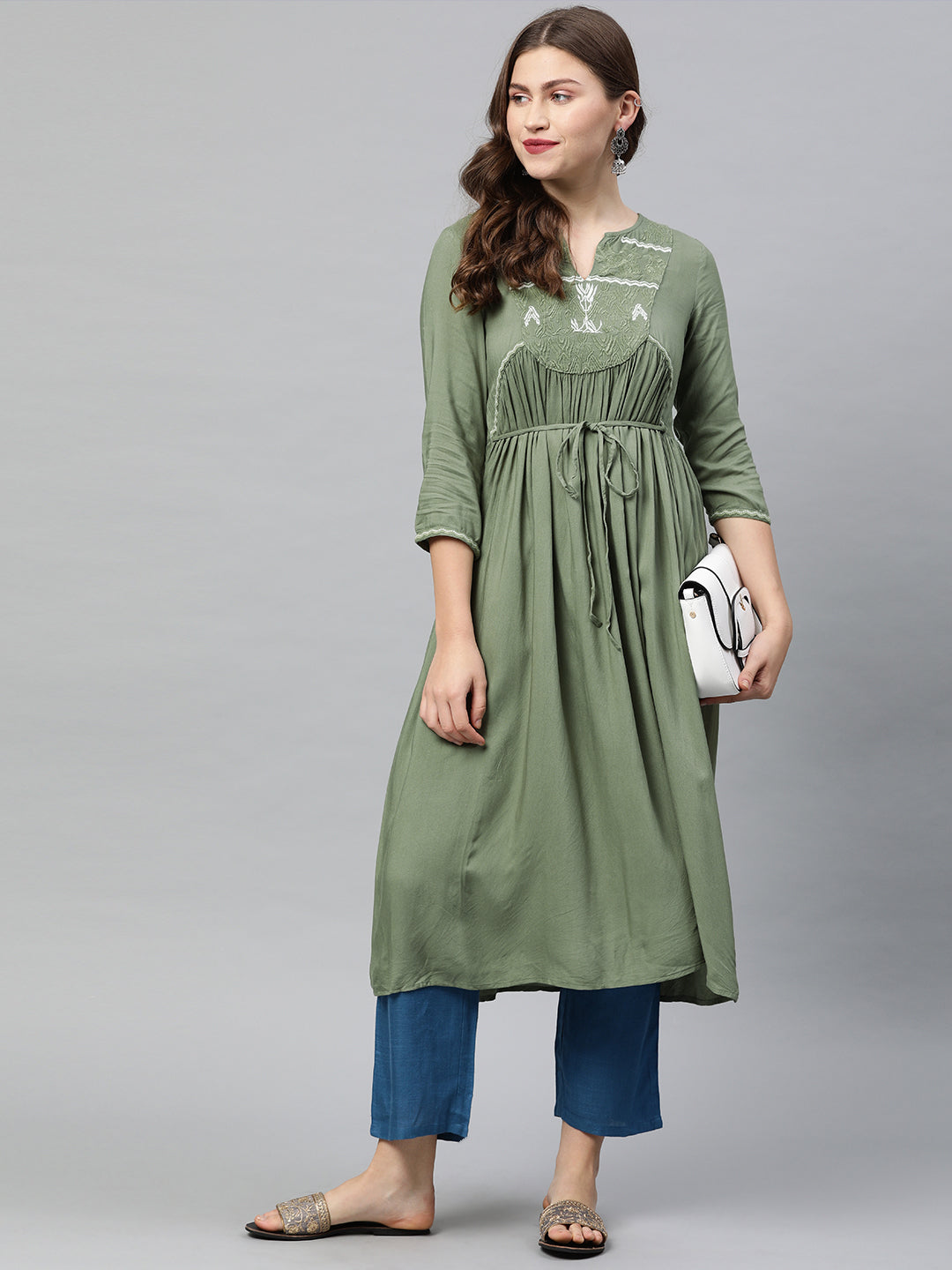 Neerus Green rayon embroidered A-line kurti - detail view 2