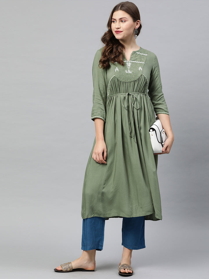 Neerus Green rayon embroidered A-line kurti - detail view 2