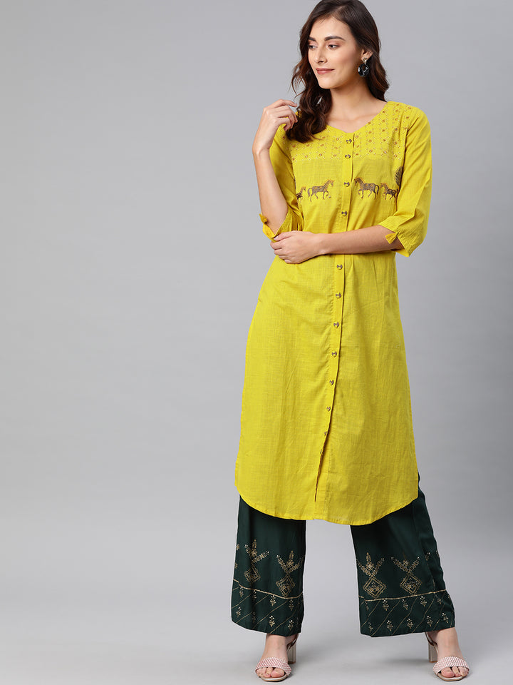 Neerus Yellow Embroidered A Line Kurta