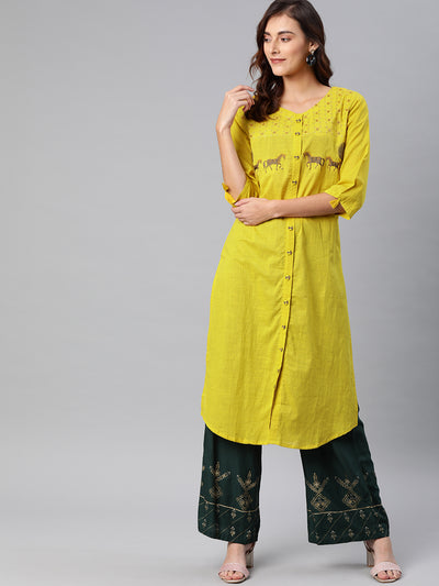 Neeru's Yellow Embroidered A Line Kurta