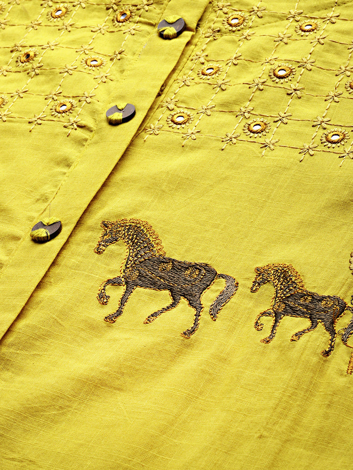 Neerus Yellow Embroidered A Line Kurta