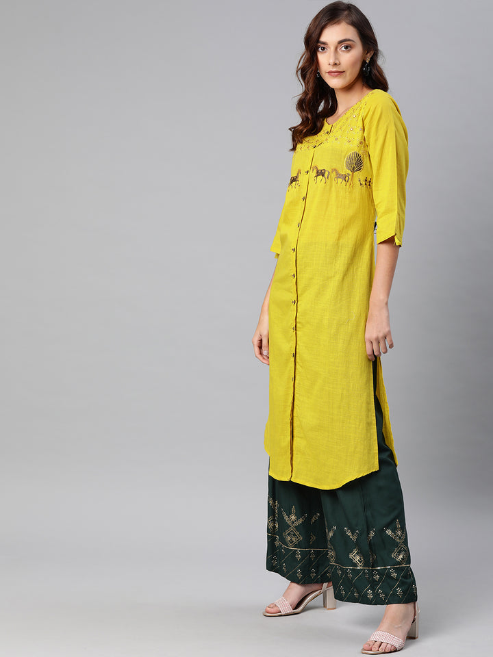 Neerus Yellow Embroidered A Line Kurta