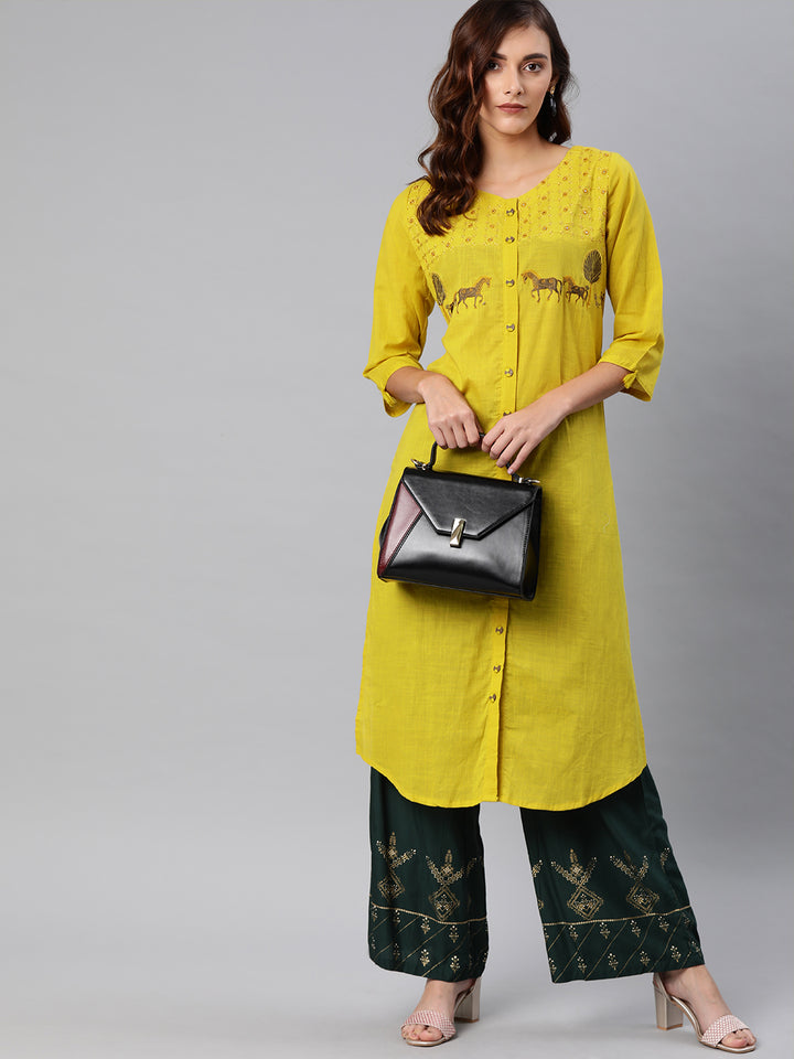 Neerus Yellow Embroidered A Line Kurta