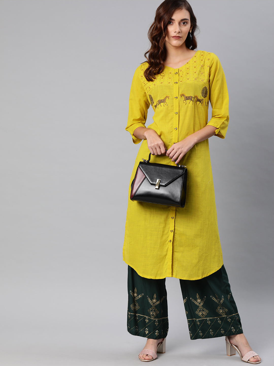 Neeru's Yellow Embroidered A Line Kurta