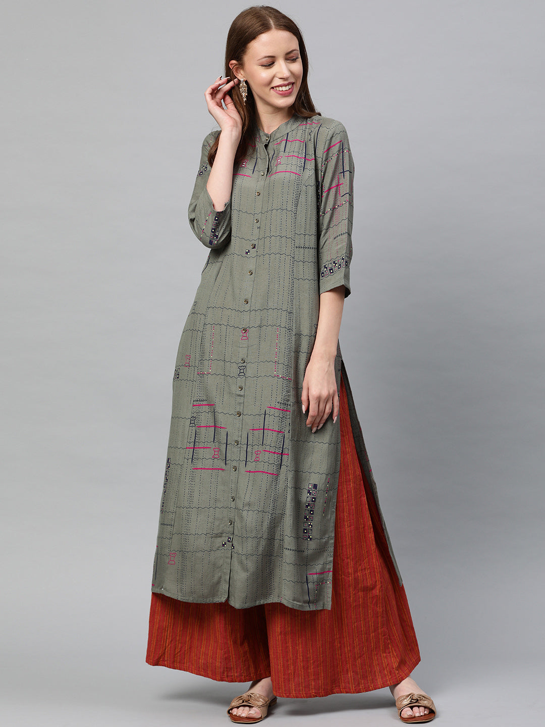 Neerus Green printed straight kurta - front view