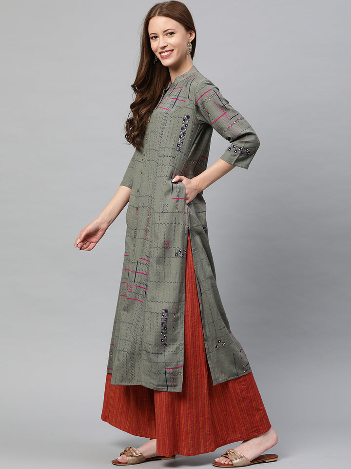 Neerus Green printed straight kurta - side view