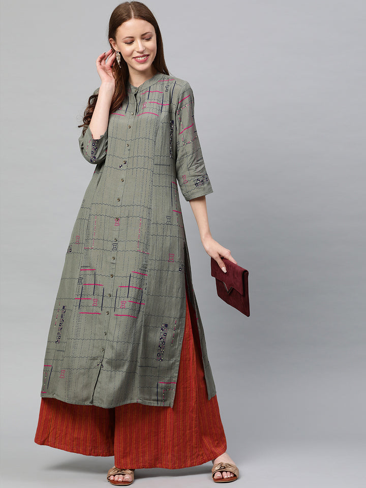 Neerus Green printed straight kurta - detail view 2