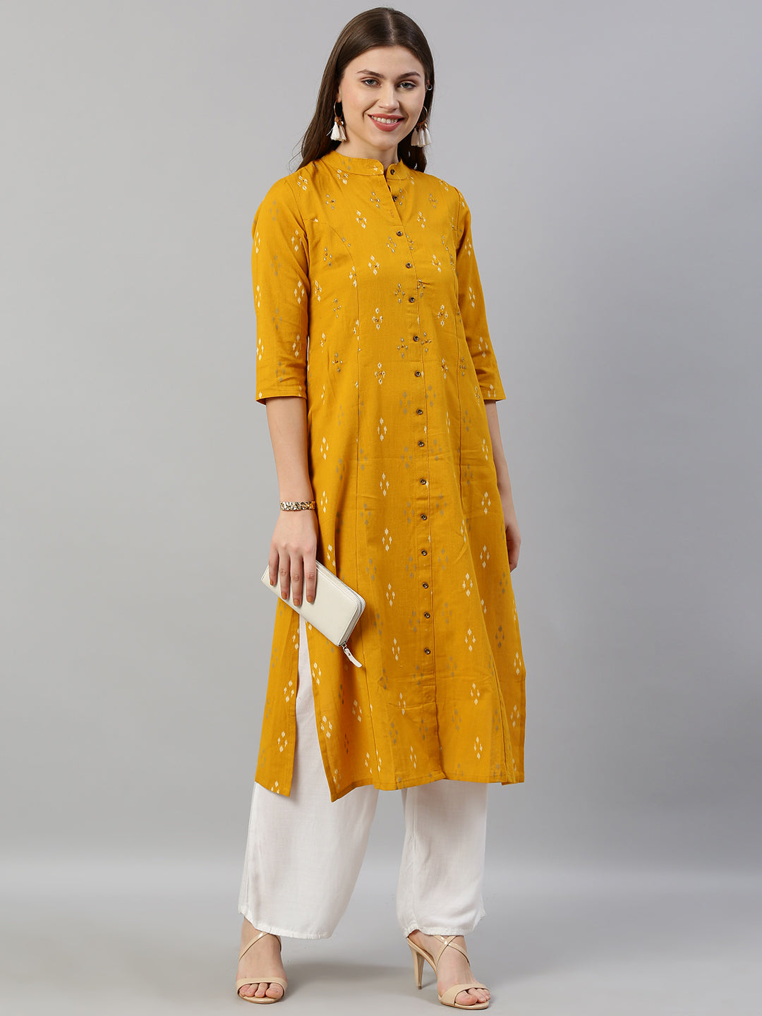 Neerus Mustard Printed A Line Kurta