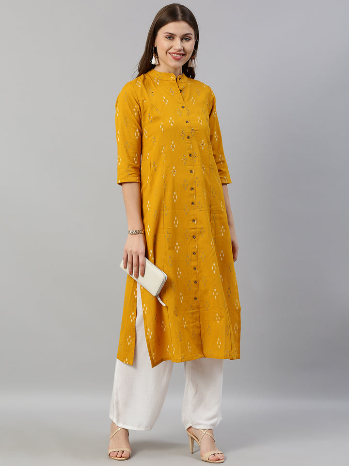 Neerus Mustard Printed A Line Kurta