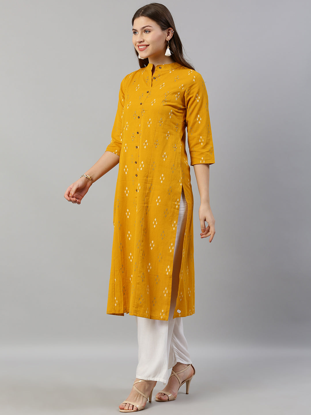 Neerus Mustard Printed A Line Kurta