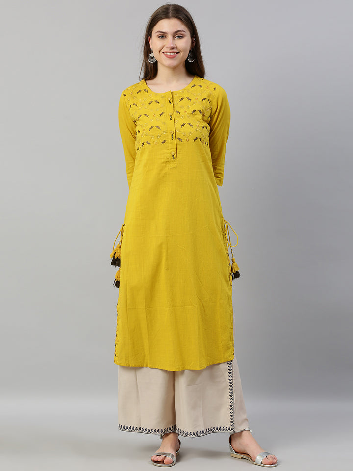 Neerus Women Yellow Embroidered Straight Kurta