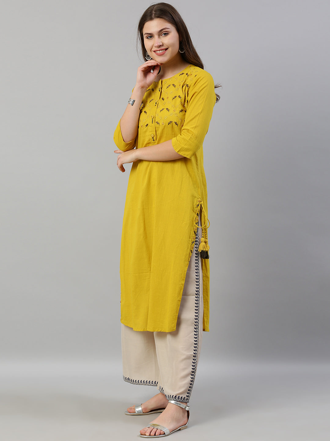 Neerus Women Yellow Embroidered Straight Kurta